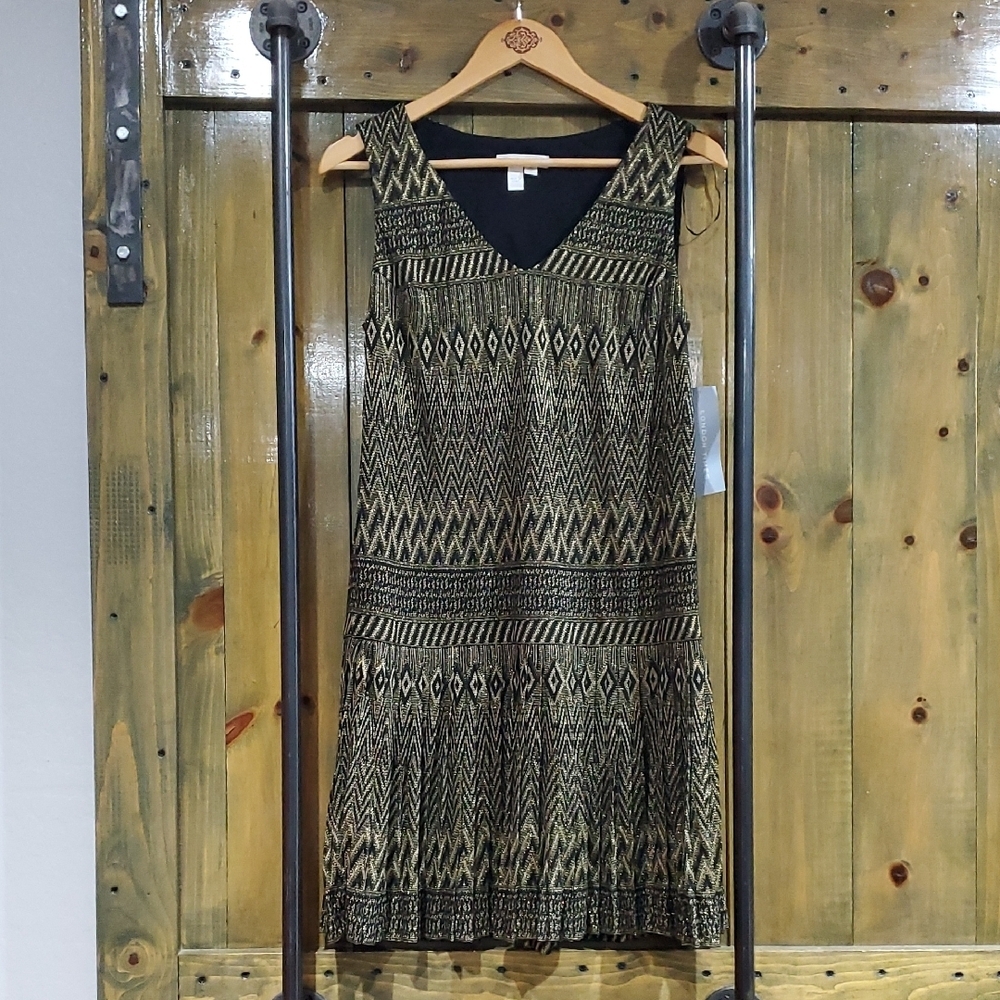 London Times Black and Gold Geometric Mini Dress Party Stretch Accordian Shimmer